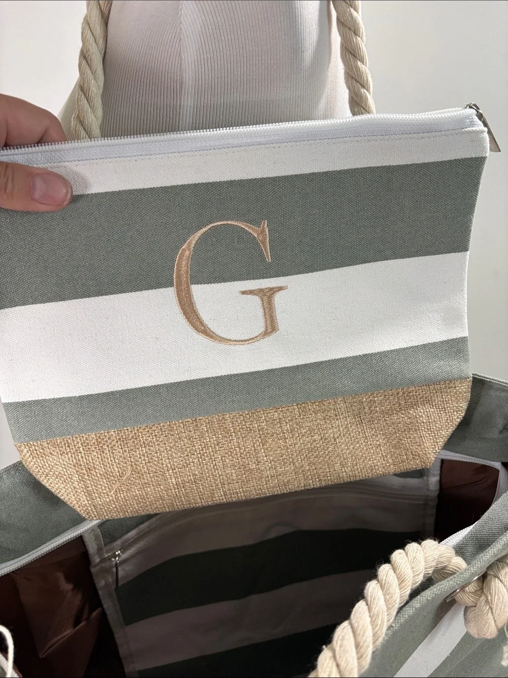 G Monogram Olive Green and White Striped Canvas Tote with Pouch